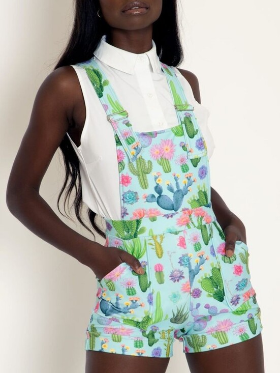 Blackmilk Pants - Blackmilk Crazy Plant Lady Cactus Print Short Overall Pinafore Romper XL